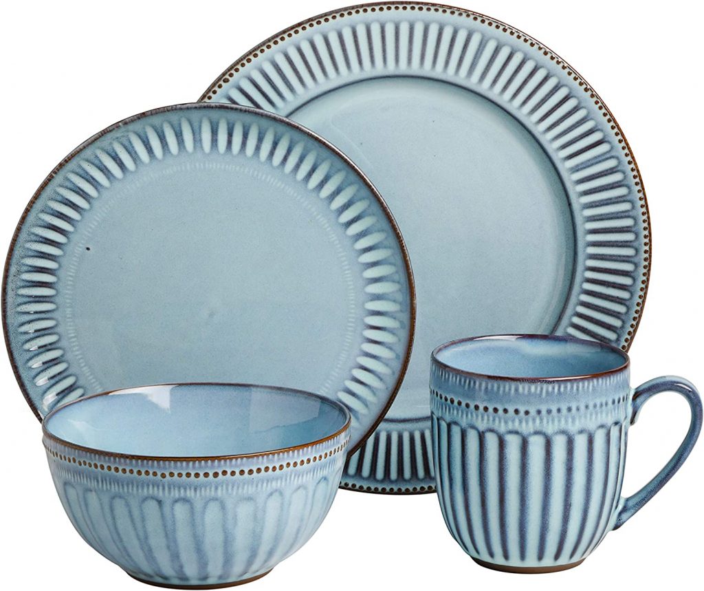 Round Embossed Reactive Glaze Stoneware Dinnerware Set, Service for 4